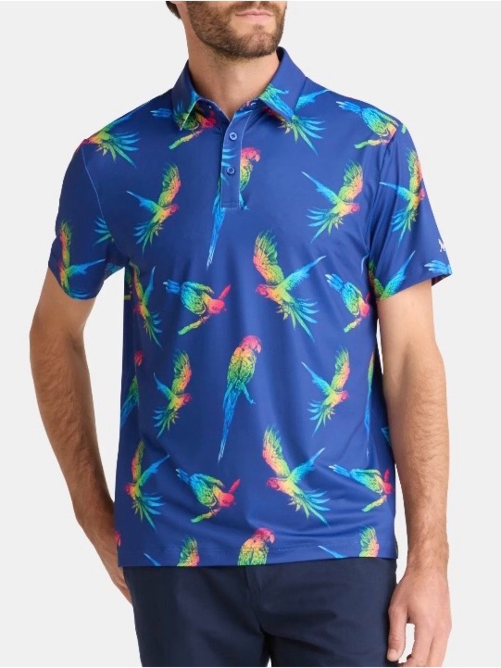 Birdie Bound Men's Blue Parrot-Print Casual Performance Golf Polo Shirt Size S